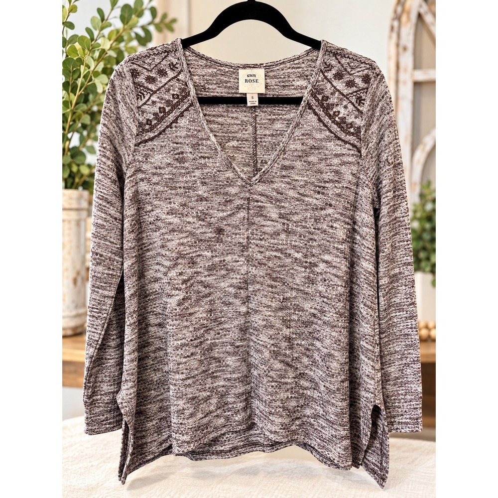Knox Rose Brown White Marled Waffle Knit Embroidered V-Neck Top Small